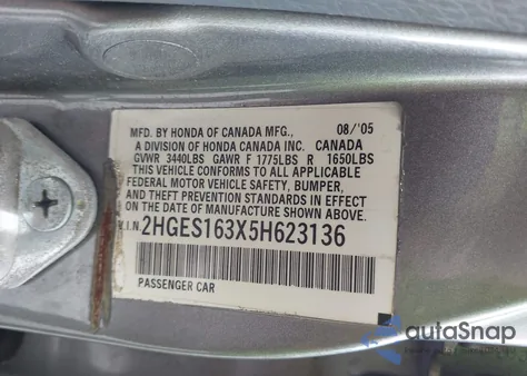 2005 Honda Civic Vp z USA, uszkodzony, nr VIN 2HGES163X5H623136